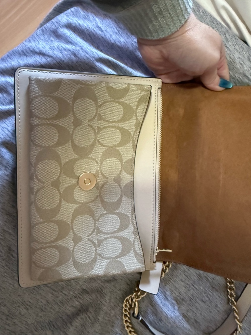 Coach Signature Canvas Crossbody in Khaki and Chalk with Chain Strap